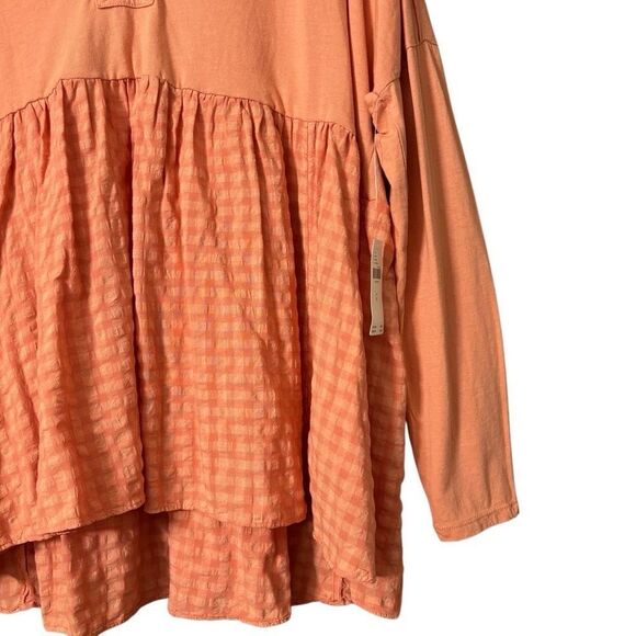 Anthropologie Pilcro Long-Sleeve Babydoll Top blouse gingham light orange Medium - Picture 14 of 15